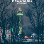 Niagara Falls skylon tower behind trees in winter.