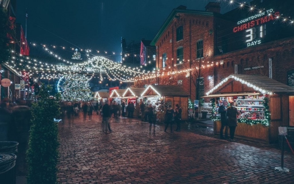 Holiday shops line street in Distillery District at Christmas Market