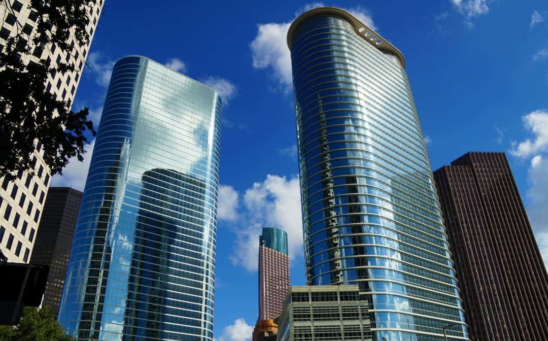 Two iconic buildings in Houston Texas exploring the city via greenlink bus