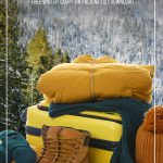 Winter clothing on suitcase with mountains in background with text How to Pack Light for Winter Travel with This Winter Clothing ListHow to Pack Light for Winter Travel with This Winter Clothing List. (pin image)