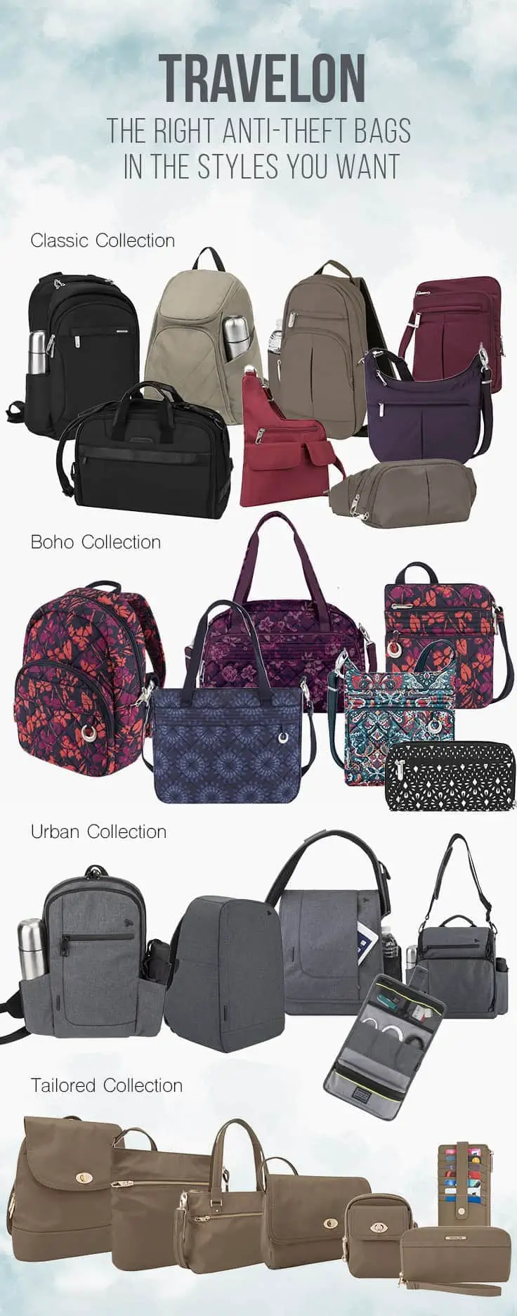 For travel safety and style Travelon anti-theft bags have it all. They feature styles for both men and women in a variety of bags from business cases, carry-on, totes, shoulder bags and clutches. Check out the current 2018 styles. | fashion | bags | travel gear | handbags | luggage | anti-theft | travel safety |