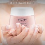 Woman's hands holding jar of face cream with text Vichy Neovadiol Line Up of Anti-Aging Skincare Products For Mature Skin