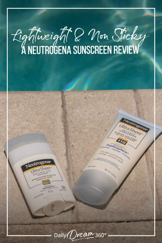Neutrogena sunscreen products next to pool and sunglasses with text Lightweight and Non Sticky Sunscreen A Neutrogena Sunscreen Review