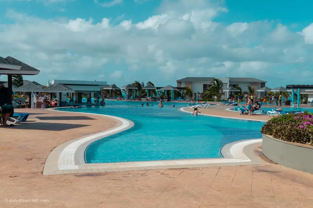 Large main pool with buildings around Playa Pilar resort Cuba