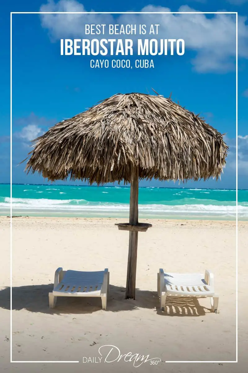 Two chairs under umbrella at beach Iberostar Mojito, Cayo Coco, Cuba
