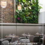 Inside Sassafraz Toronto Restaurant's redesign, a green wall with beige furnishings.