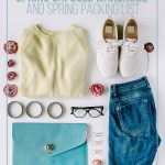 Spring clothing on floor with text: How to Build a Spring Capsule Wardrobe and Spring Packing List