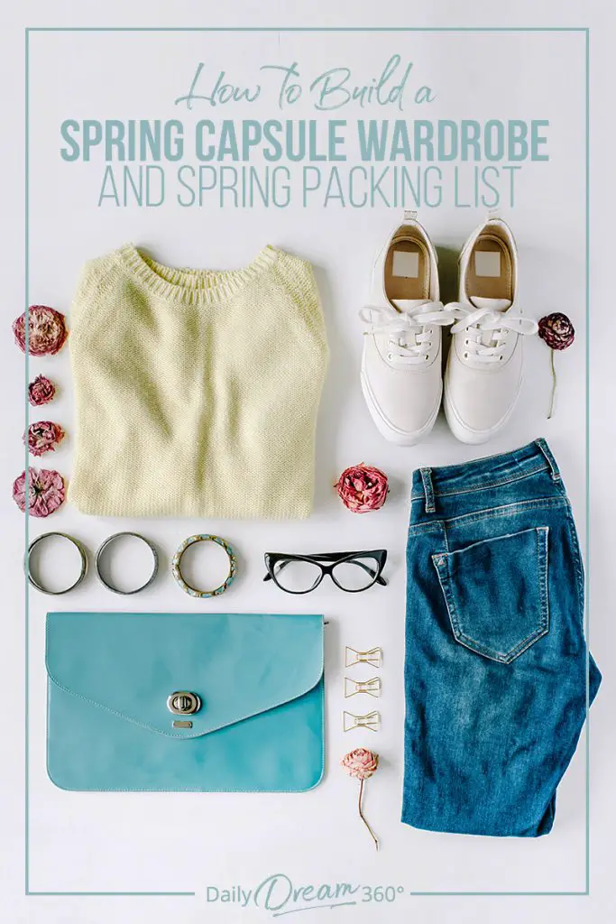 Spring clothing on floor with text: How to Build a Spring Capsule Wardrobe and Spring Packing List