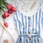 Spring clothing on floor with text: How to Build a Spring Capsule Wardrobe and Spring Packing List