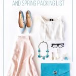 Spring clothing on floor with text: How to Build a Spring Capsule Wardrobe and Spring Packing List