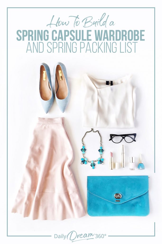 Spring clothing on floor with text: How to Build a Spring Capsule Wardrobe and Spring Packing List