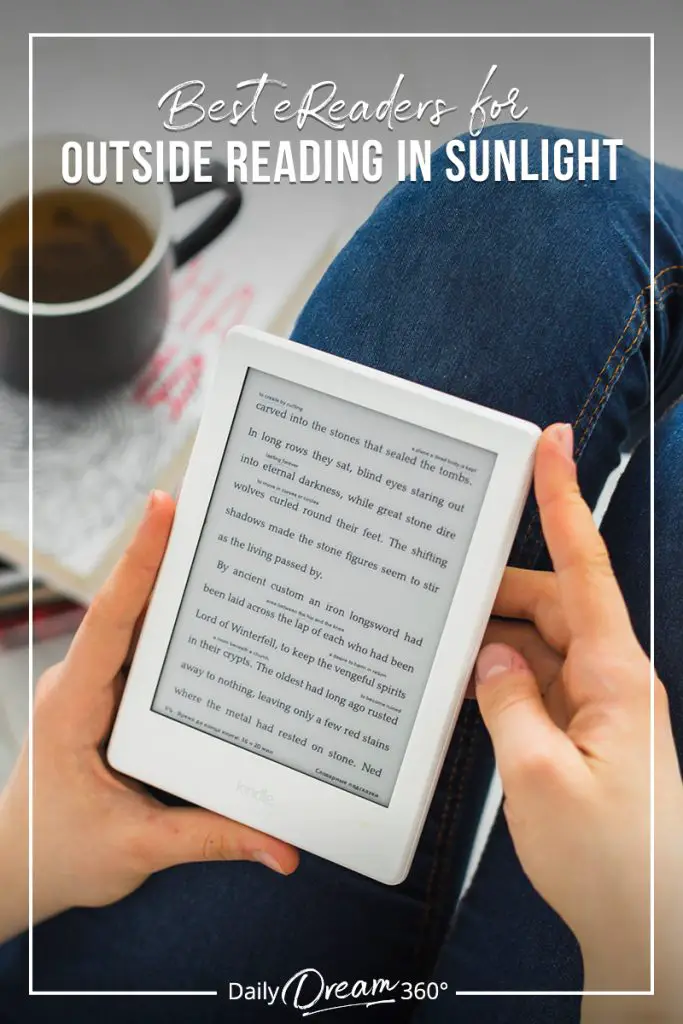 person holding reader with coffee with text Best eReaders for the Beach and the Outdoors