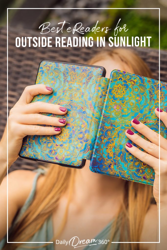 Woman holding reader with text Best eReaders for the Beach and the Outdoors