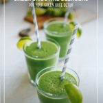 Green smoothie glasses on counter and text: Find The Best Green Smoothie Blenders for Your Green Juice Detox
