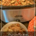bowl of chicken in front of slow cooker with text Slow Cooker Moroccan Chicken Tagine Recipe