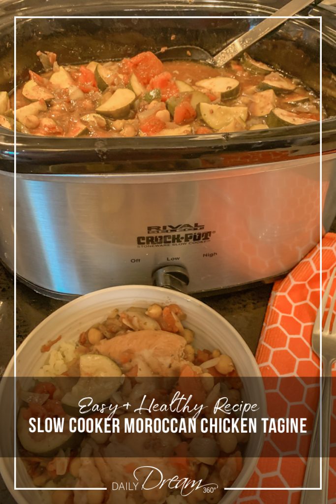 bowl of chicken in front of slow cooker with text Slow Cooker Moroccan Chicken Tagine Recipe