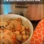bowl of chicken in front of slow cooker with text Slow Cooker Moroccan Chicken Tagine Recipe