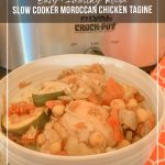 bowl of chicken in front of slow cooker with text Slow Cooker Moroccan Chicken Tagine Recipe