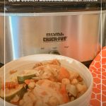 bowl of chicken in front of slow cooker with text Slow Cooker Moroccan Chicken Tagine Recipe