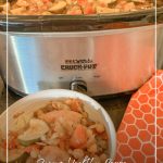 bowl of chicken in front of slow cooker with text Slow Cooker Moroccan Chicken Tagine Recipe
