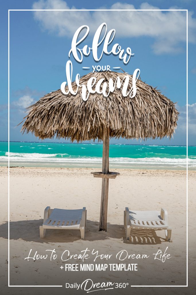 Follow your dreams text with beach chairs and straw beach umbrella in front of ocean on beach