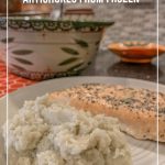 Plate with salmon and Cauliflower mash side with text Mashed Cauliflower From Frozen with Artichokes