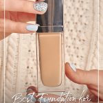 Woman holding foundation bottle with text: Best Foundation for Aging Skin Over 50