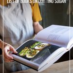 Woman holding cookbook with text How to Detox Sugar with the Best Books on Quitting Sugar (pin image)