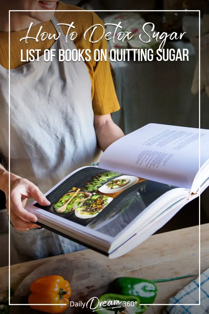 Woman holding cookbook with text How to Detox Sugar with the Best Books on Quitting Sugar (pin image)