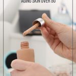 Woman holding foundation bottle with text: Best Foundation for Aging Skin Over 50