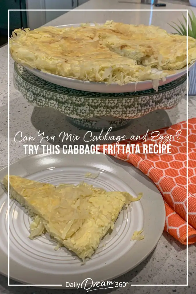 Cabbage frittata in stand and on plate with pin text Can You Mix Cabbage and Eggs? Try this Cabbage Frittata Recipe