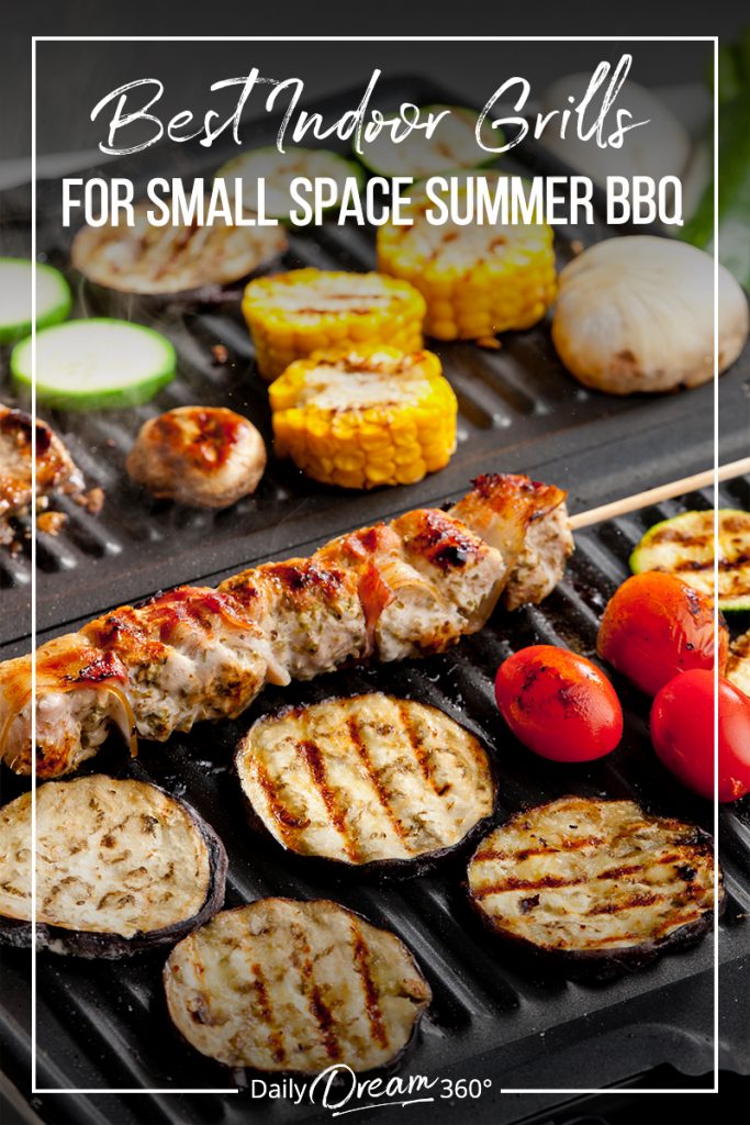 Food on grill with text Best Indoor Grills for Your Small Space Summer BBQ