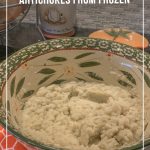 bowl with cauliflower mash and text Mashed Cauliflower From Frozen with Artichokes