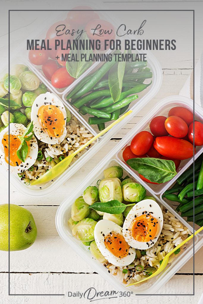 Food storage containers with text overlay Easy Low Carb Meal Planning for Beginners + Meal Planning Template