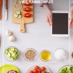 Food prep and woman holding tablet with text overlay Easy Low Carb Meal Planning for Beginners + Meal Planning Template