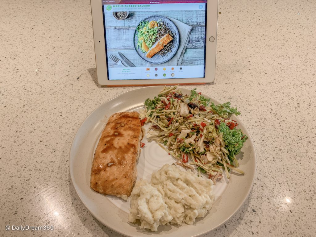 Meal prepared and sitting in front of tablet with recipe