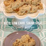 biscotti on plate and text keto, low carb, sugar-free biscotti recipe