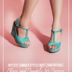 Woman wearing green sandals with pin text Hottest Summer Styles Most Comfortable Shoes and Sandals for Summer