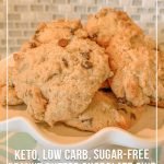 Stack of cookies with text Keto Low Carb Sugar Free Peanut Butter Chocolate Chip Cookies