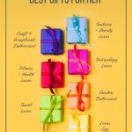 Pin image with text: Ultimate List of the Best Gifts for Her Based on Her Interests wrapped gift boxes on yellow background with different interests written beside