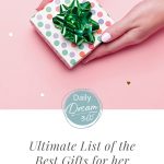 Pin image with text: Ultimate List of the Best Gifts for Her woman holding wrapped gift