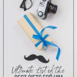 Pin image: Gift, camera glasses and plastic moustache on white background with text: Ultimate List of Best Gifts for Him Based on His Interests