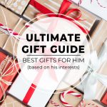 Pin image: Background with of gift boxes with text: Ultimate Gift Guide Best Gifts for Him Based on His Interests