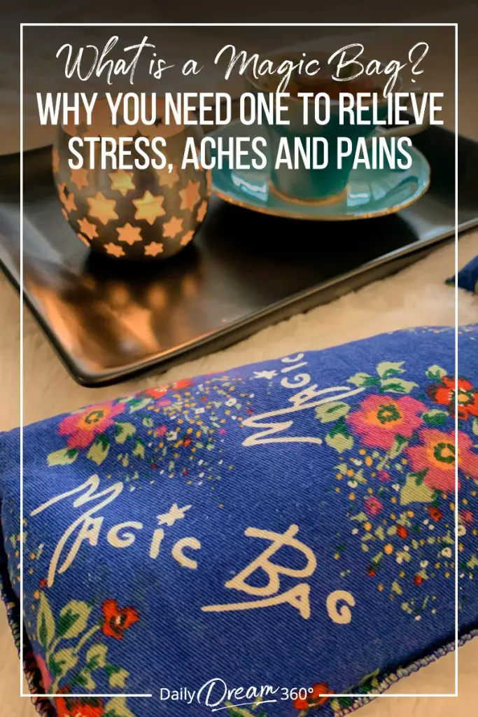 Magic Bag on blanket with candle and cup of tea and text: What is a Magic Bag? How to use it to Relieve Stress, Aches and Pains