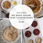 Four images including ingredients, blended items and a muffin tin with text: Easy to Make No-Bake Vegan Mini Cheesecakes