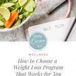 Vegetables on background and notebook with Diet Plan written with text: Choosing a Weight Loss Program that Works for You (pin image)