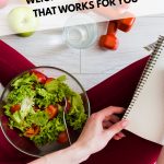 Woman with salad in lap and notebook with text: Choosing a Weight Loss Program that Works for You (pin image)