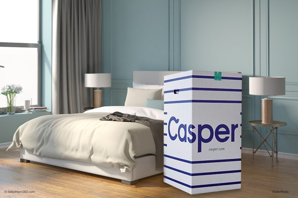 Casper box next to bed in bedroom