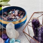 Display of crystals on white surface with text Best Healing Crystals and How to Use Protection Crystals for the Home.