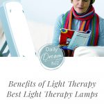 Woman sitting in front of light therapy box with text: Benefits of Light Therapy and the 5 Best Light Therapy Lamps